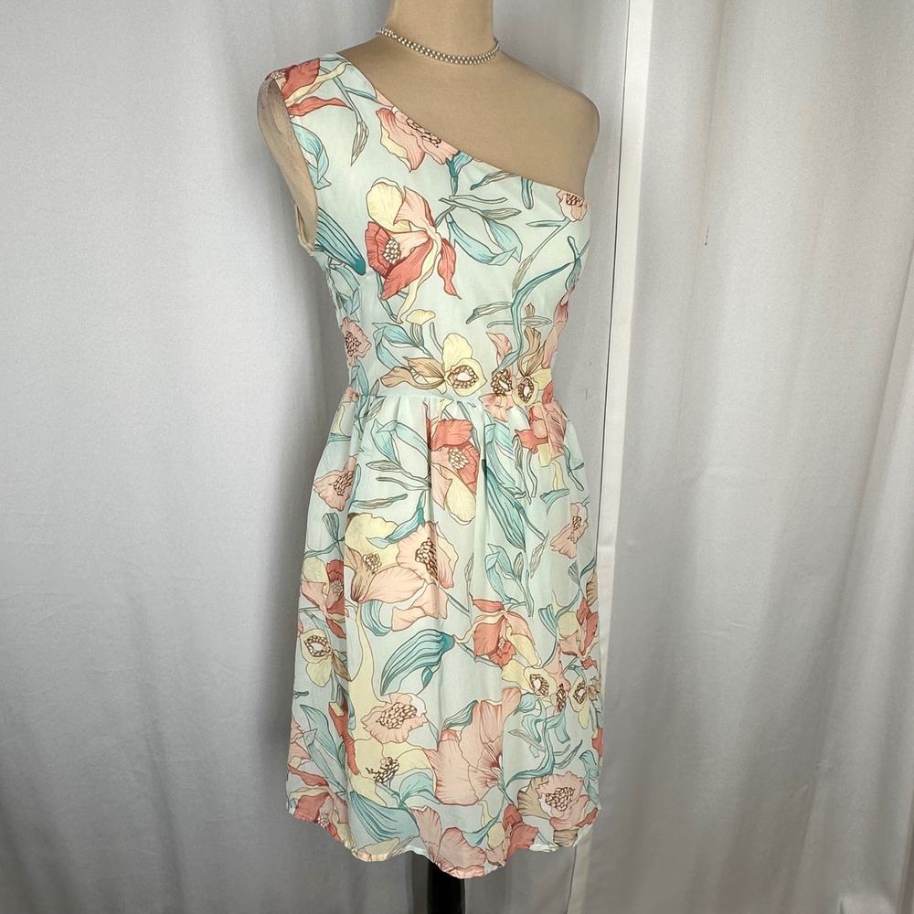 Tulle Floral One Shoulder Fit & Flare Dress Size L Pastel Garden Party READ